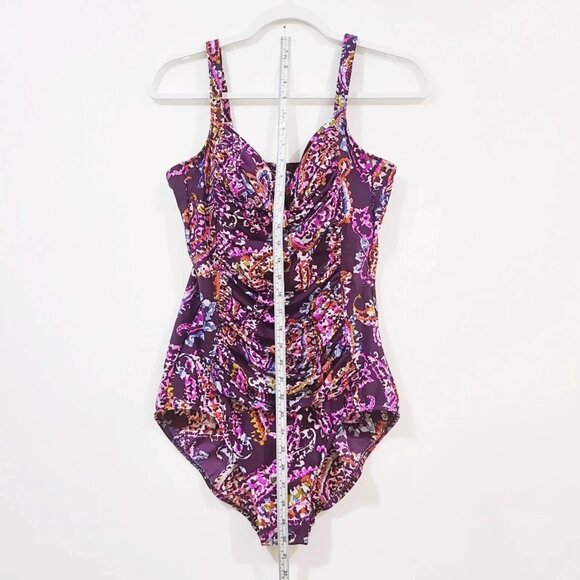 Miraclesuit One Piece size 12/14 Plum Paisley Ruched Tummy control Swimsuit - Picture 10 of 14